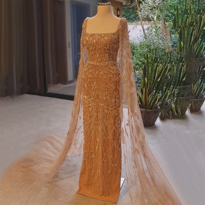Nude Pink Luxury Evening Dresses with Cape Sleeves LA72261 - SERENE HILL