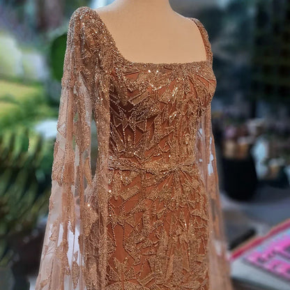 Nude Pink Luxury Evening Dresses with Cape Sleeves LA72261 - SERENE HILL