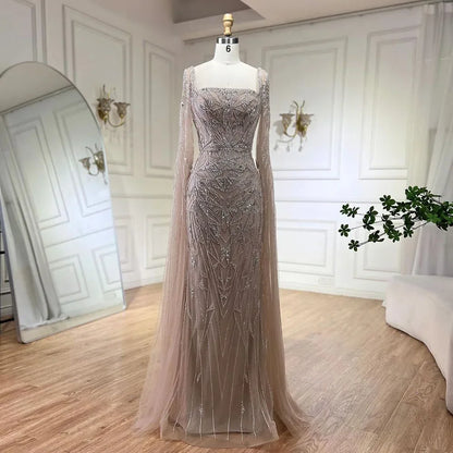 Nude Pink Luxury Evening Dresses with Cape Sleeves LA72261 - SERENE HILL