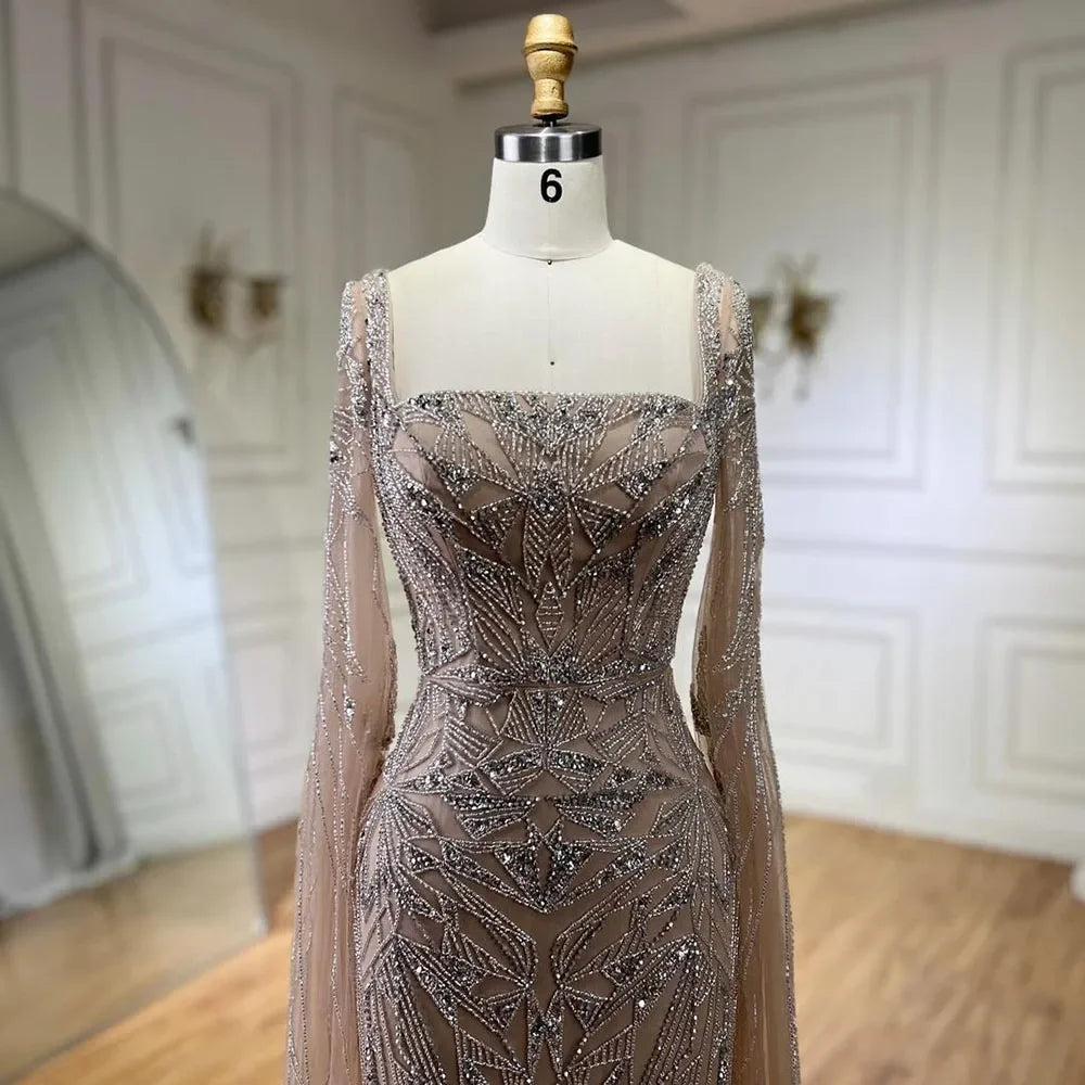 Nude Pink Luxury Evening Dresses with Cape Sleeves LA72261 - SERENE HILL