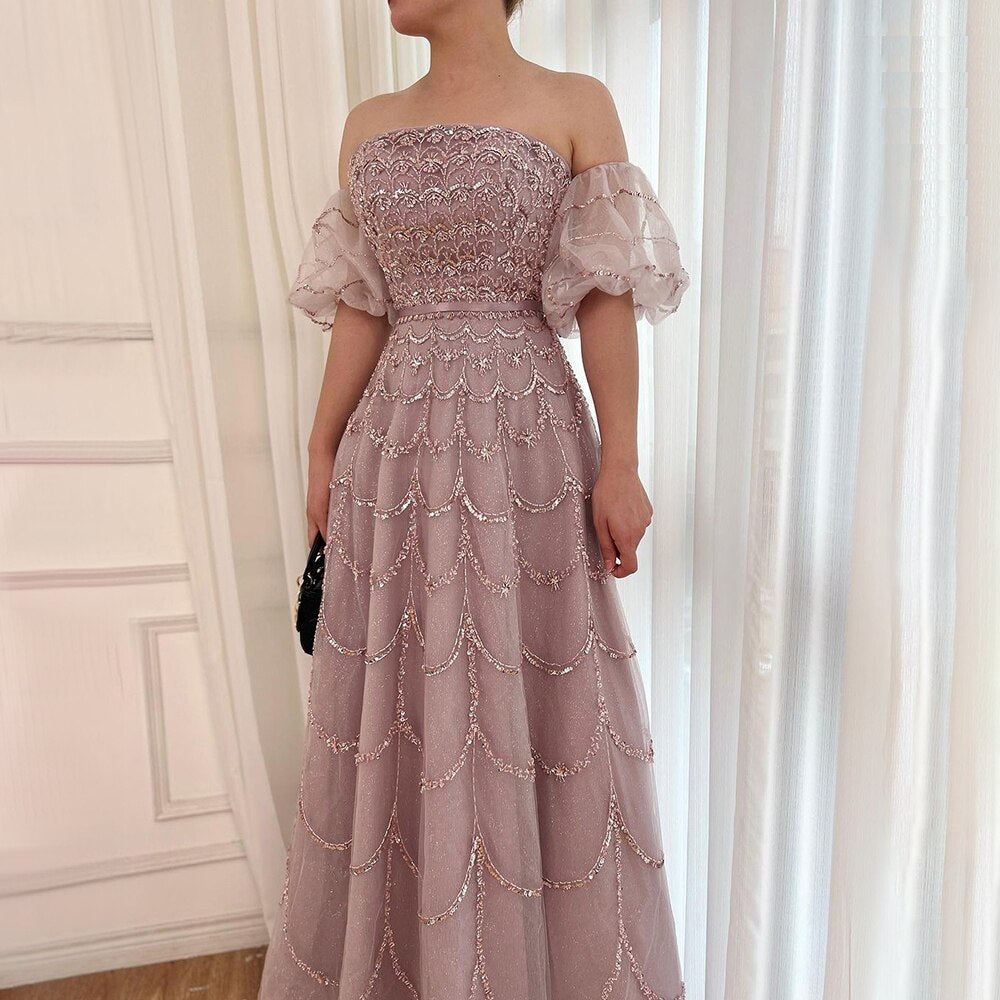Elegant Dubai Pink Evening Dress with Puff Sleeves LA72130 - SERENE HILL
