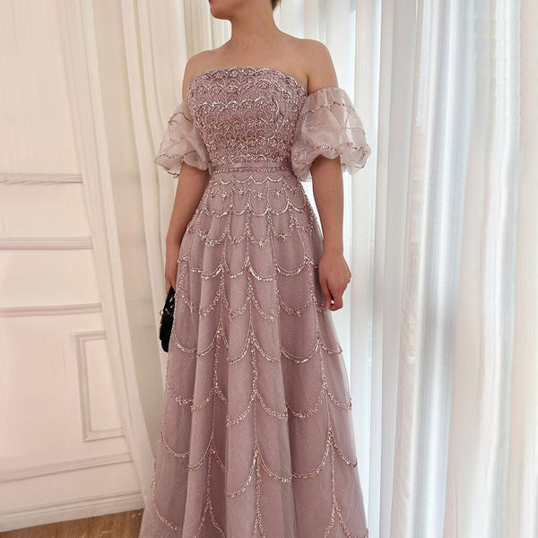 Elegant Strapless Dubai Pink Evening Dress with Puff Sleeves LA72130