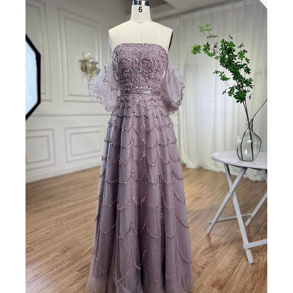 Elegant Dubai Pink Evening Dress with Puff Sleeves LA72130 - SERENE HILL