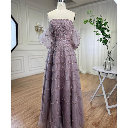 Elegant Dubai Pink Evening Dress with Puff Sleeves LA72130 - SERENE HILL