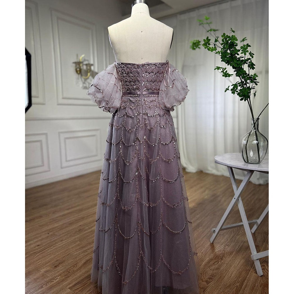 Elegant Dubai Pink Evening Dress with Puff Sleeves LA72130 - SERENE HILL