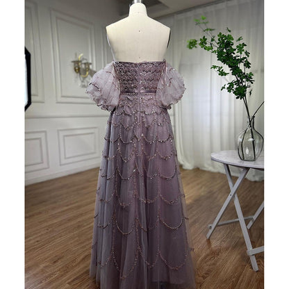 Elegant Dubai Pink Evening Dress with Puff Sleeves LA72130 - SERENE HILL