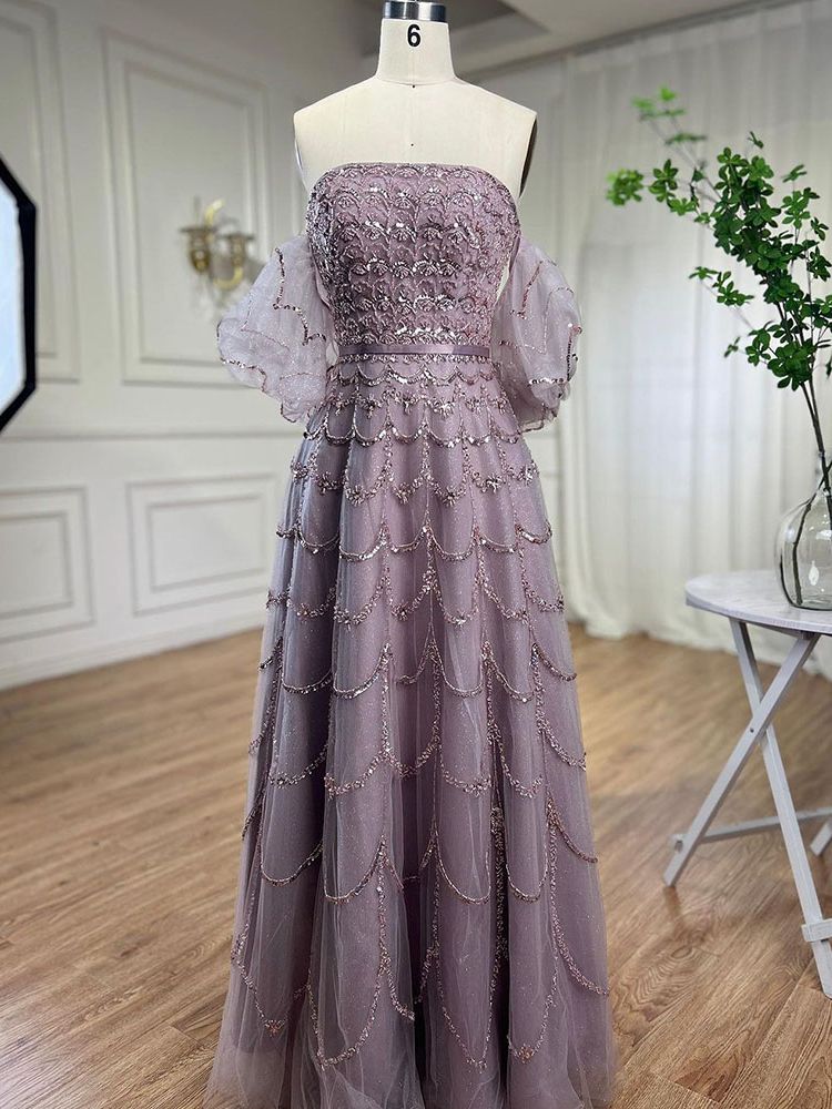 Elegant Dubai Pink Evening Dress with Puff Sleeves LA72130 - SERENE HILL