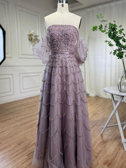 Elegant Dubai Pink Evening Dress with Puff Sleeves LA72130 - SERENE HILL