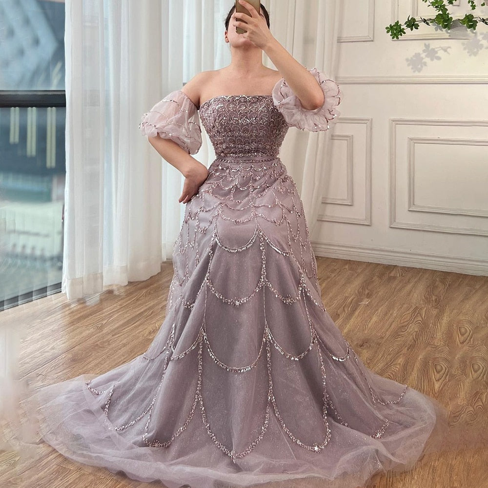 Elegant Dubai Pink Evening Dress with Puff Sleeves LA72130 - SERENE HILL