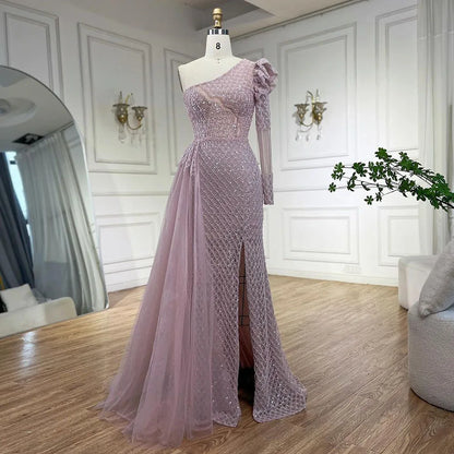Serene Hill Arabic Pink Mermaid Elegant One Shoulder Beaded Luxury Evening Dresses Gowns For Women Wedding Party 2025 LA72561 - SERENE HILL