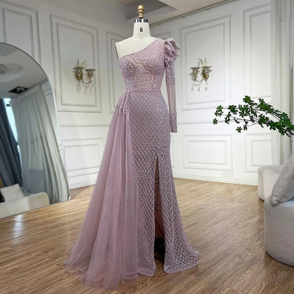 Serene Hill Arabic Pink Mermaid Elegant One Shoulder Beaded Luxury Evening Dresses Gowns For Women Wedding Party 2025 LA72561