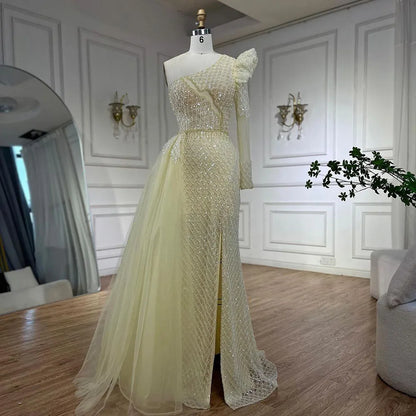 Serene Hill Arabic Pink Mermaid Elegant One Shoulder Beaded Luxury Evening Dresses Gowns For Women Wedding Party 2025 LA72561 - SERENE HILL