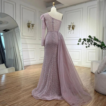 Serene Hill Arabic Pink Mermaid Elegant One Shoulder Beaded Luxury Evening Dresses Gowns For Women Wedding Party 2025 LA72561 - SERENE HILL