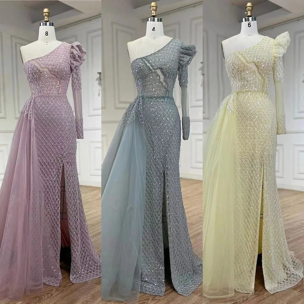 Serene Hill Arabic Pink Mermaid Elegant One Shoulder Beaded Luxury Evening Dresses Gowns For Women Wedding Party 2025 LA72561 - SERENE HILL