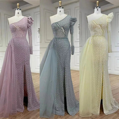 Serene Hill Arabic Pink Mermaid Elegant One Shoulder Beaded Luxury Evening Dresses Gowns For Women Wedding Party 2025 LA72561 - SERENE HILL