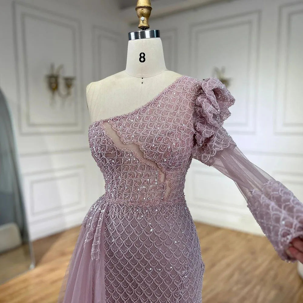 Serene Hill Arabic Pink Mermaid Elegant One Shoulder Beaded Luxury Evening Dresses Gowns For Women Wedding Party 2025 LA72561 - SERENE HILL