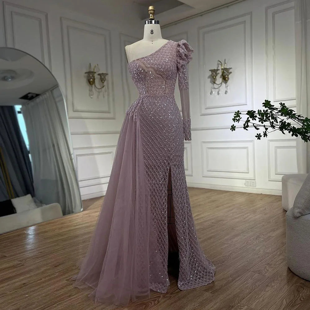 Serene Hill Arabic Pink Mermaid Elegant One Shoulder Beaded Luxury Evening Dresses Gowns For Women Wedding Party 2025 LA72561 - SERENE HILL