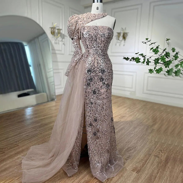Serene Hill Arabic Pink Mermaid Elegant One Shoulder Beaded Split Evening Dresses Gowns 2025 For Women Wedding Party LA72188