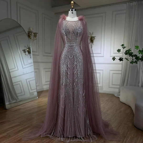 Serene Hill Arabic Pink Mermaid Evening Dress with Elegant Luxury Feathers Beaded Cape Sleeves for Women's Party 2025 LA71709A