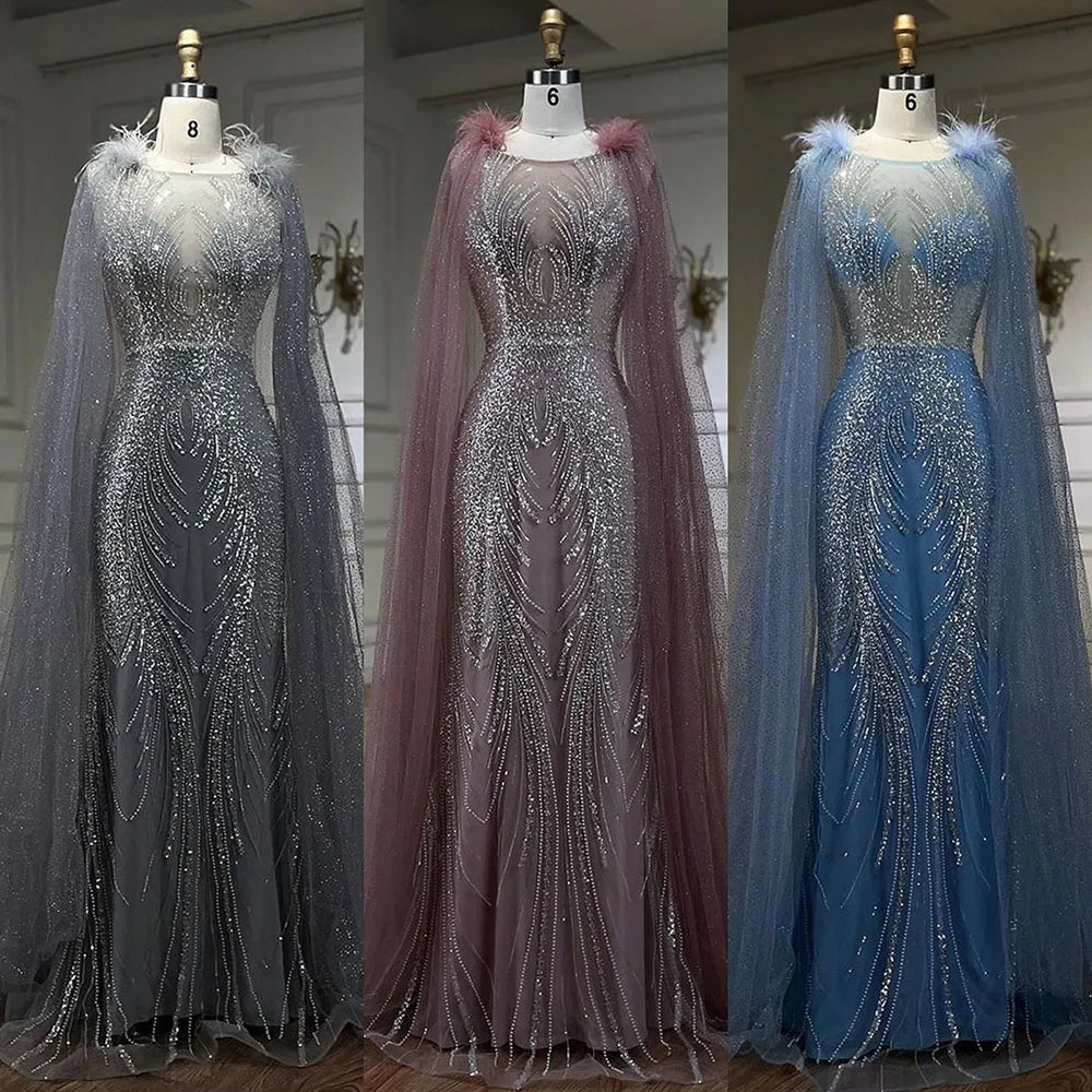 Serene Hill Arabic Pink Mermaid Evening Dress with Elegant Luxury Feathers Beaded Cape Sleeves for Women&