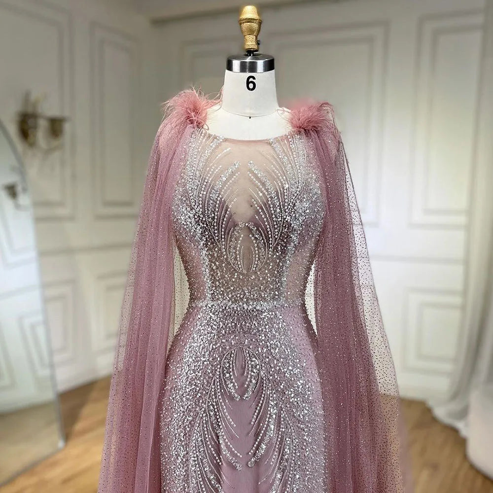 Serene Hill Arabic Pink Mermaid Evening Dress with Elegant Luxury Feathers Beaded Cape Sleeves for Women&