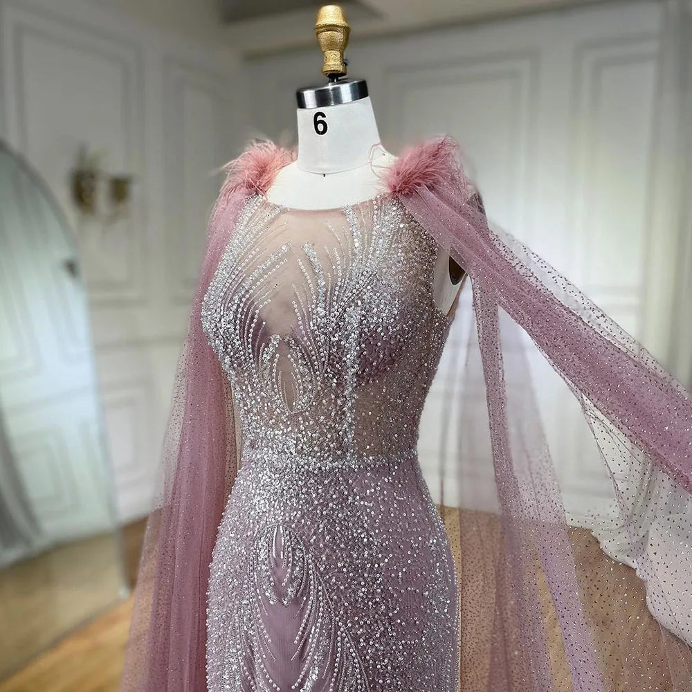 Serene Hill Arabic Pink Mermaid Evening Dress with Elegant Luxury Feathers Beaded Cape Sleeves for Women&