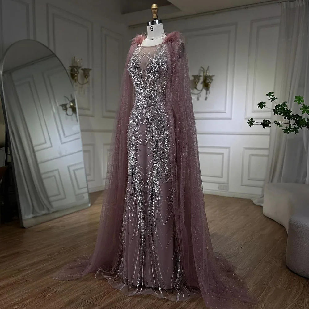 Serene Hill Arabic Pink Mermaid Evening Dress with Elegant Luxury Feathers Beaded Cape Sleeves for Women&