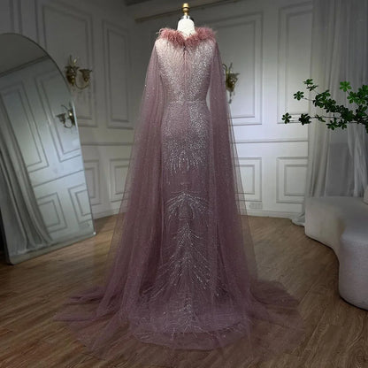 Serene Hill Arabic Pink Mermaid Evening Dress with Elegant Luxury Feathers Beaded Cape Sleeves for Women&