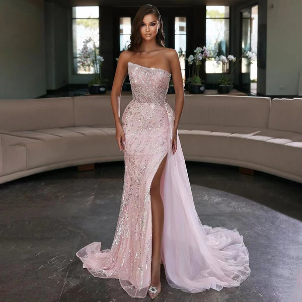 Luxury Pink Mermaid Beaded Off-Shoulder Evening Dress LA71795
