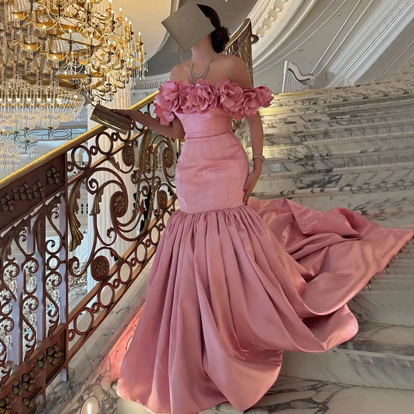 Serene Hill Arabic Pink Mermaid Satin Luxury Dubai Beaded Evening Dresses Gowns 2025 For Women Wedding Party LA72250