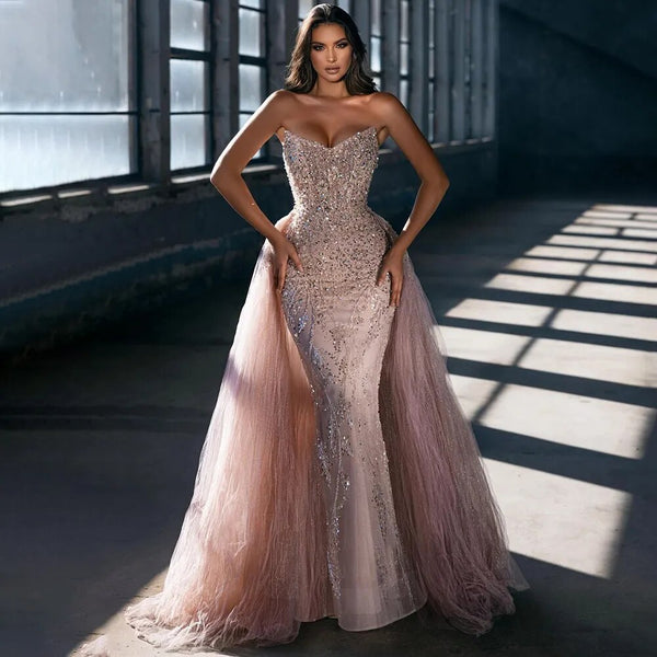 Serene Hill Arabic Pink Mermaid Sexy Beaded Dubai Luxury Evening Dresses Gowns For Women Wedding Party 2025 LA72201