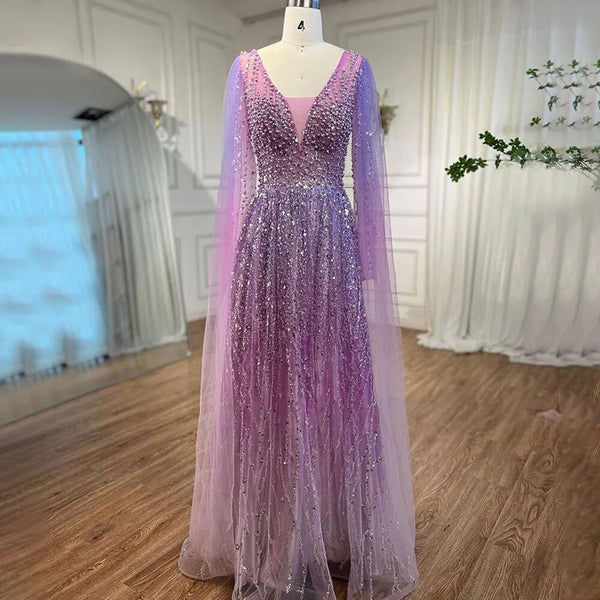 Serene Hill Arabic Purple A Line Cape Sleeves V Neck Beaded Long Evening Dresses Gowns For Women Wedding Party 2025 LA72143