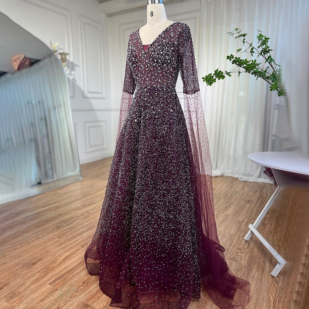Serene Hill Arabic Purple A Line Beaded Evening Dresses V Neck With Cape Sleeves Gowns For Women Wedding Party 2025 LA72146 - SERENE HILL
