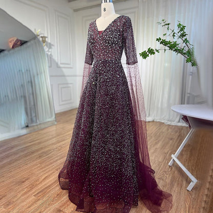 Serene Hill Arabic Purple A Line Beaded Evening Dresses V Neck With Cape Sleeves Gowns For Women Wedding Party 2025 LA72146 - SERENE HILL