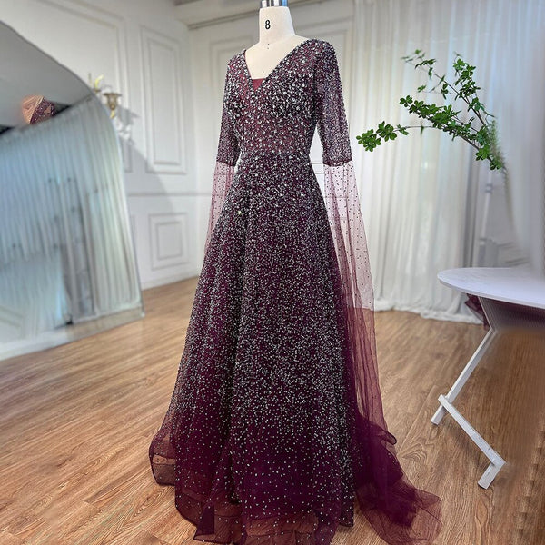 Serene Hill  Arabic Purple A Line Beaded Evening Dresses V Neck With Cape Sleeves Gowns For Women Wedding Party 2025 LA72146
