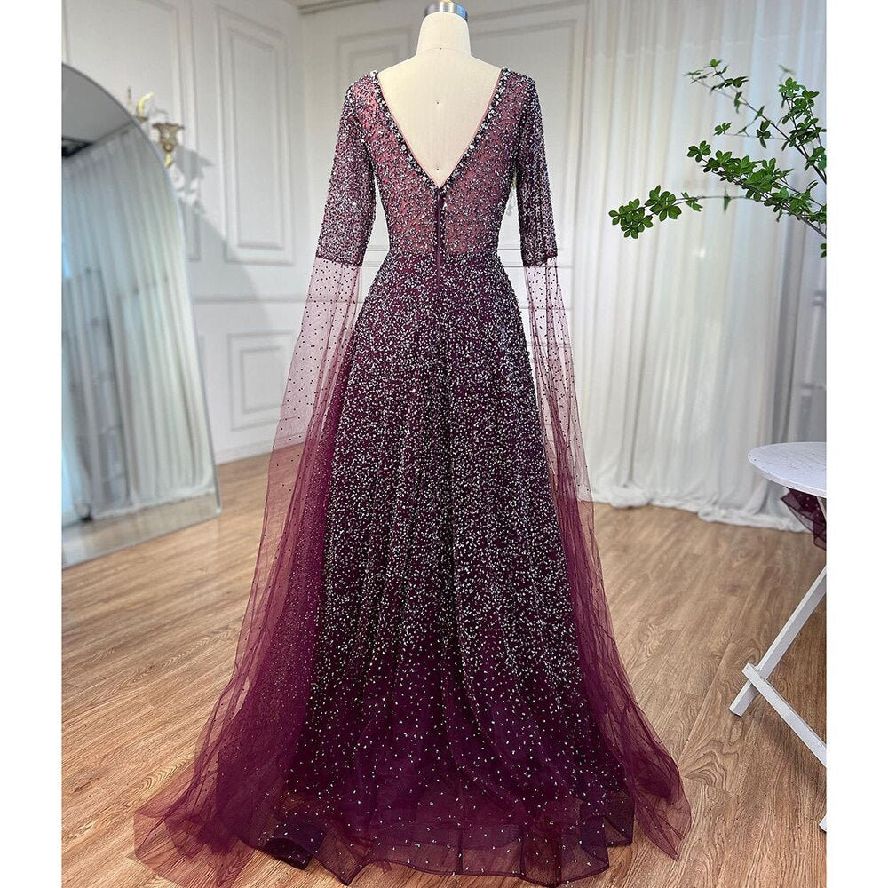 Serene Hill Arabic Purple A Line Beaded Evening Dresses V Neck With Cape Sleeves Gowns For Women Wedding Party 2025 LA72146 - SERENE HILL