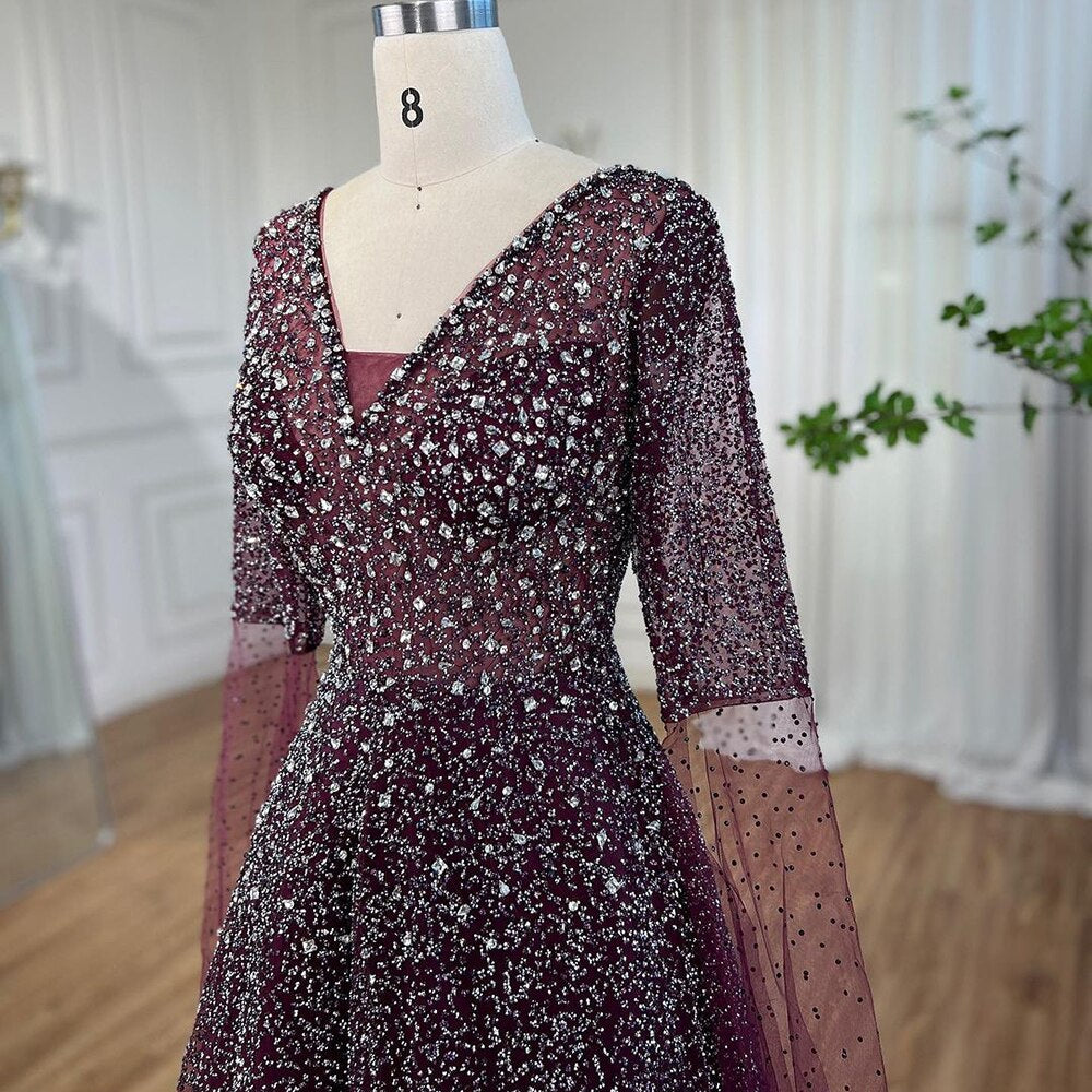 Serene Hill Arabic Purple A Line Beaded Evening Dresses V Neck With Cape Sleeves Gowns For Women Wedding Party 2025 LA72146 - SERENE HILL