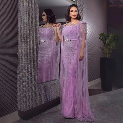 Luxury Arabic Purple Mermaid Evening Dress with Cape Sleeves LA71909 - SERENE HILL