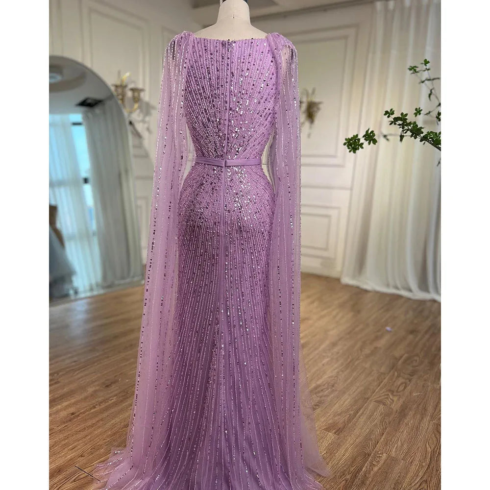 Luxury Arabic Purple Mermaid Evening Dress with Cape Sleeves LA71909 - SERENE HILL