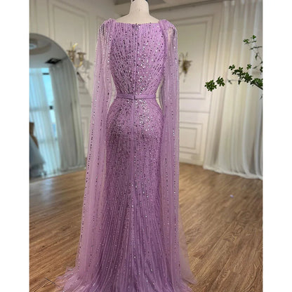 Luxury Arabic Purple Mermaid Evening Dress with Cape Sleeves LA71909 - SERENE HILL