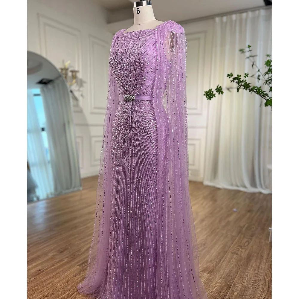 Luxury Arabic Purple Mermaid Evening Dress with Cape Sleeves LA71909 - SERENE HILL