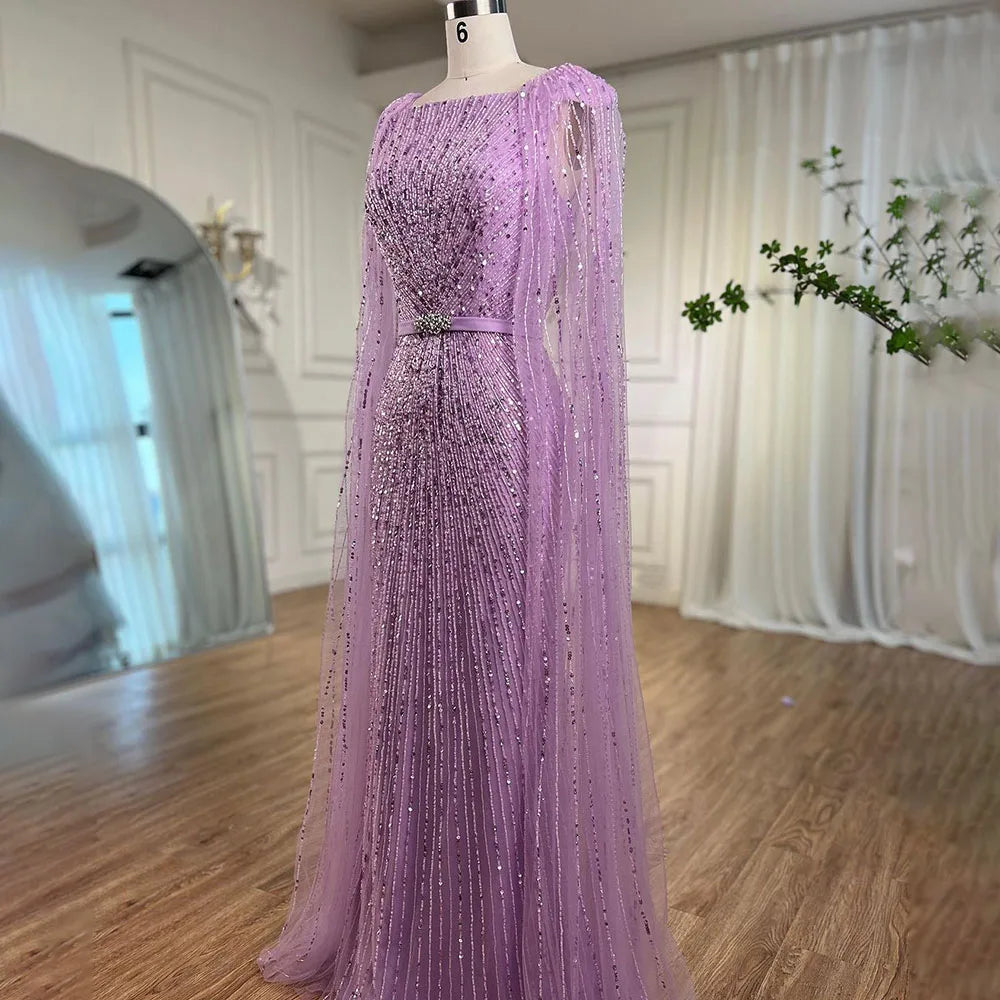 Luxury Arabic Purple Mermaid Evening Dress with Cape Sleeves LA71909 - SERENE HILL