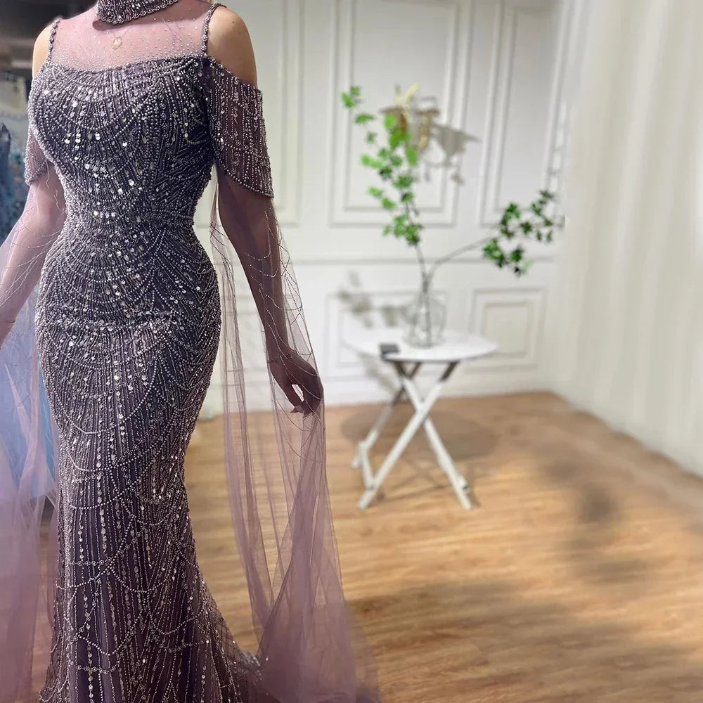 Serene Hill Arabic Purple Mermaid Cape Sleeves Beaded Luxury Long Evening Dresses Gowns 2025 For Woman Wedding Party LA71992 - SERENE HILL