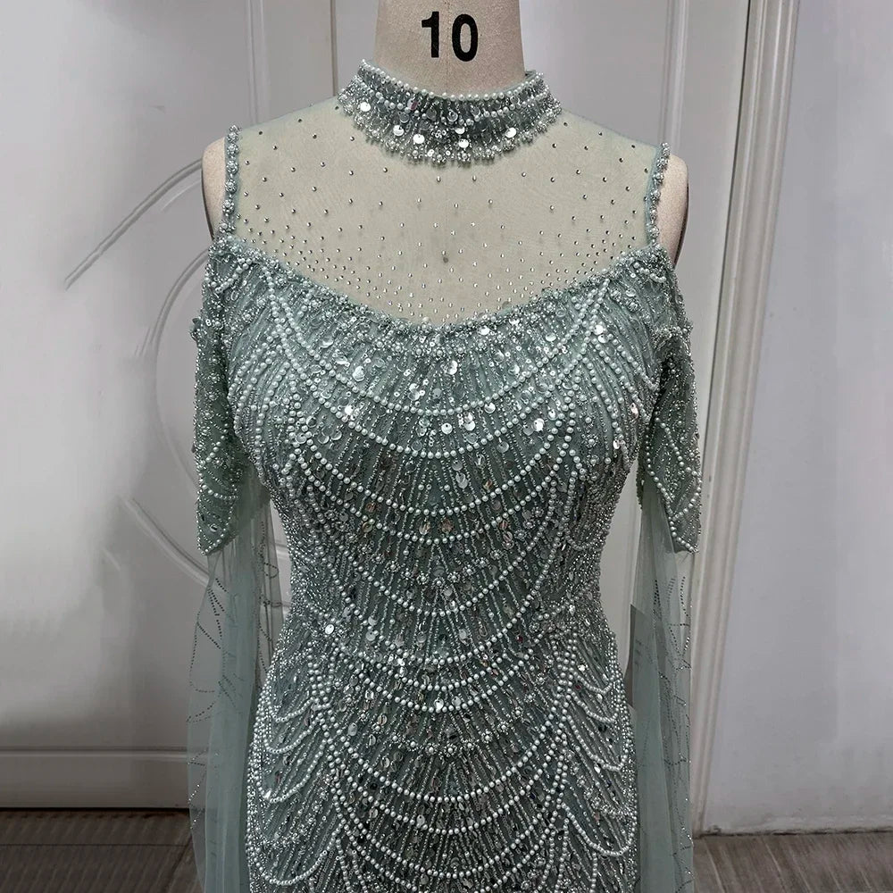 Serene Hill Arabic Purple Mermaid Cape Sleeves Beaded Luxury Long Evening Dresses Gowns 2025 For Woman Wedding Party LA71992 - SERENE HILL