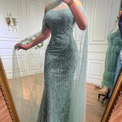 Serene Hill Arabic Purple Mermaid Cape Sleeves Beaded Luxury Long Evening Dresses Gowns 2025 For Woman Wedding Party LA71992 - SERENE HILL