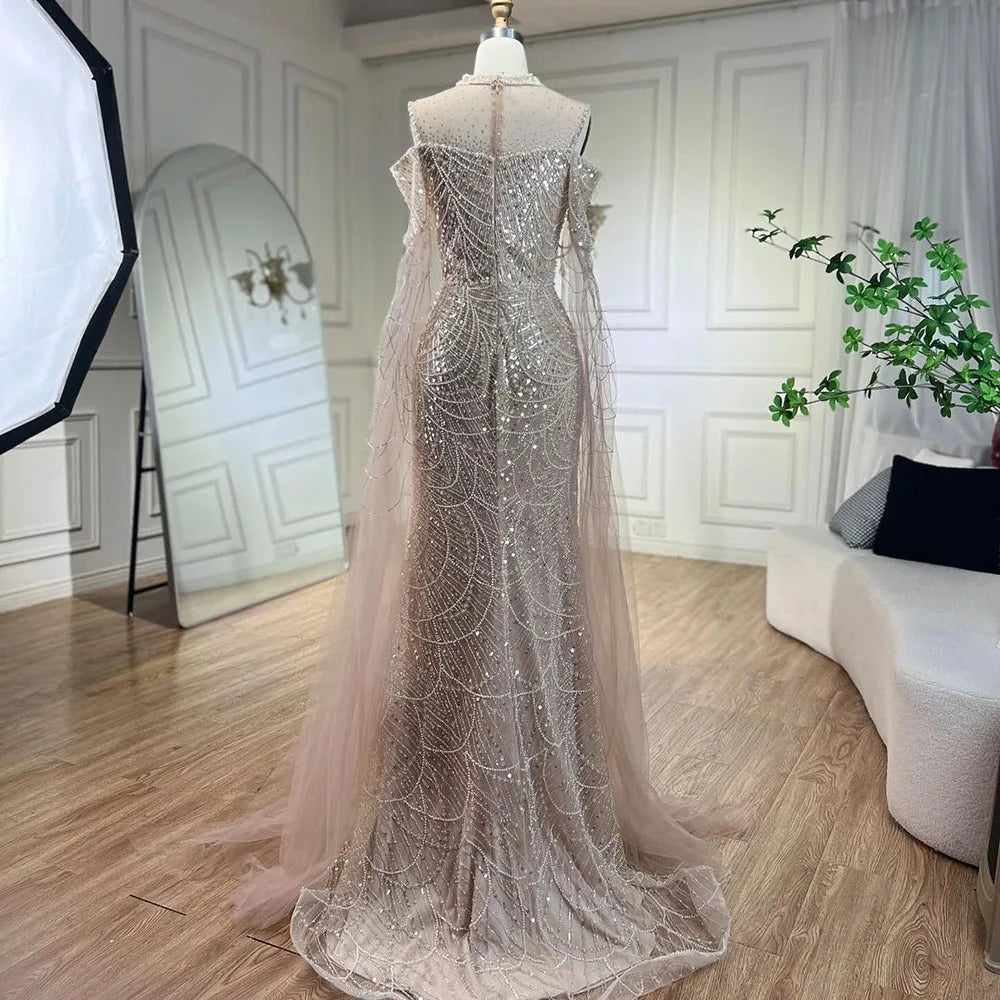 Serene Hill Arabic Purple Mermaid Cape Sleeves Beaded Luxury Long Evening Dresses Gowns 2025 For Woman Wedding Party LA71992 - SERENE HILL