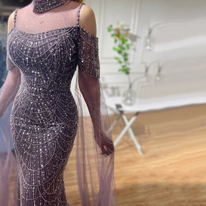 Serene Hill Arabic Purple Mermaid Cape Sleeves Beaded Luxury Long Evening Dresses Gowns 2025 For Woman Wedding Party LA71992 - SERENE HILL