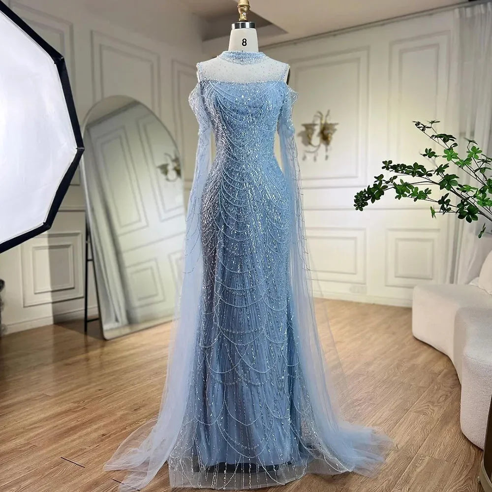 Serene Hill Arabic Purple Mermaid Cape Sleeves Beaded Luxury Long Evening Dresses Gowns 2025 For Woman Wedding Party LA71992 - SERENE HILL