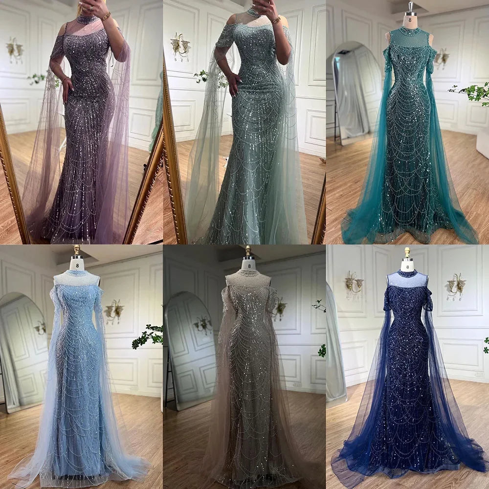 Serene Hill Arabic Purple Mermaid Cape Sleeves Beaded Luxury Long Evening Dresses Gowns 2025 For Woman Wedding Party LA71992 - SERENE HILL