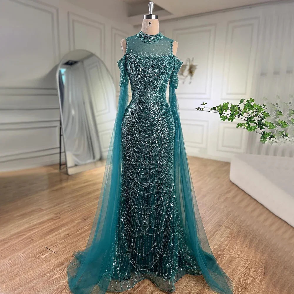 Serene Hill Arabic Purple Mermaid Cape Sleeves Beaded Luxury Long Evening Dresses Gowns 2025 For Woman Wedding Party LA71992 - SERENE HILL